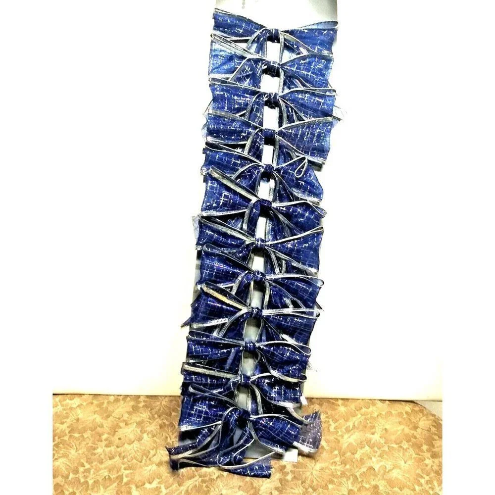 NEW Christmas Bows Blue Silver checkered ribbon bows ties set of 12 Bag bows